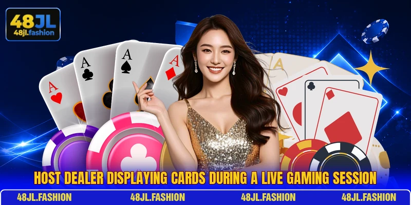 Host dealer displaying cards during a live gaming session