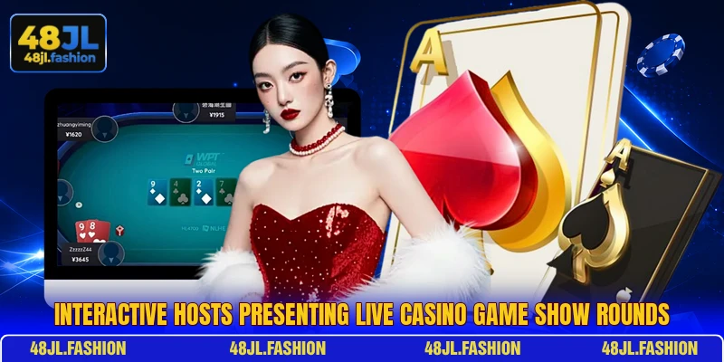 Interactive hosts presenting live casino game show rounds