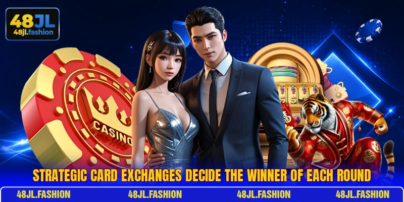 Strategic card exchanges decide the winner of each round Strategic card exchanges decide the winner of each round